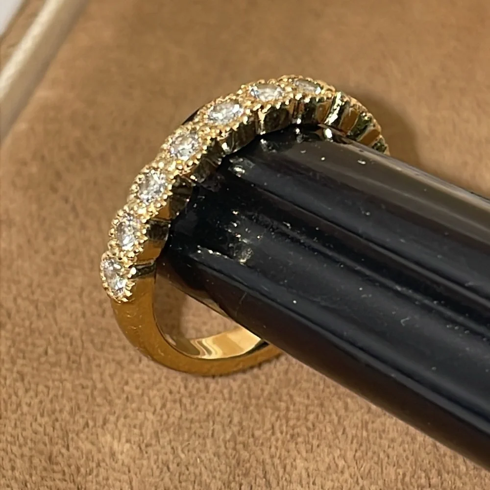 Solid Stamped 14K Yellow Gold Natural Diamond Semi Eternity Round Bead Band Ring